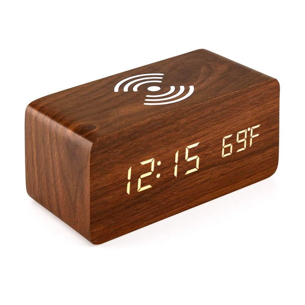 Reloj despertador digital de madera con carga inalámbrica, pantalla LED de 3 alarmas, control de sonido y función de repetición dual para dormitorio, mesita de noche y oficina.