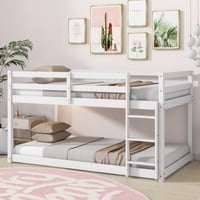 M&Ms - Solid Wooden, Solid Rubber Wooden Twin Over Twin Floor Bunk Bed With Ladder, With Bed Platform Of Strengthened Slats,White