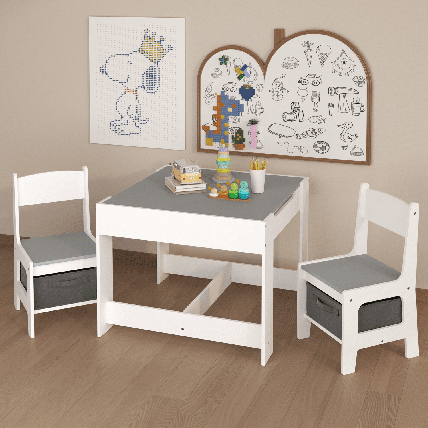 Kids Table and Chair Set, 3 in 1 Wooden Activity Table with Storage ...
