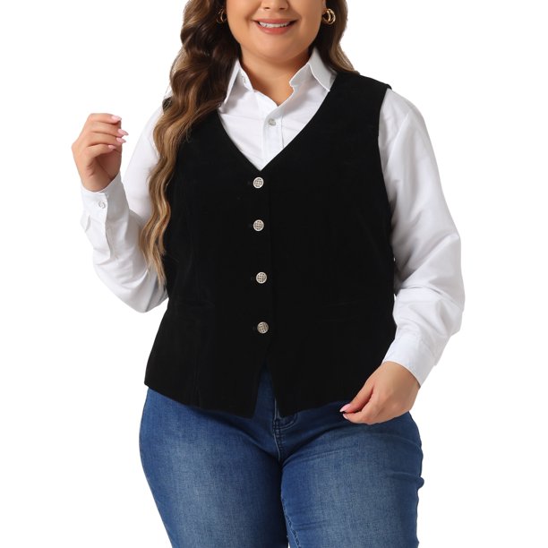 Agnes Orinda Chalecos de Talla Grande para Mujeres Chaleco Steampunk de Terciopelo Sin Mangas Abotonado Cuello en V Chalecos de Traje 1X Negro