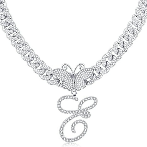 Stylish Hip Hop Cuban Butterfly Necklace with White Letter Initials