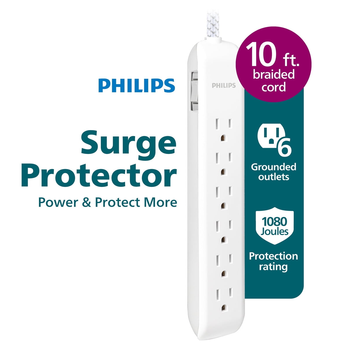 Zapatilla Philips 6 Enchufes 10ft 1080j Cable Trenzado
