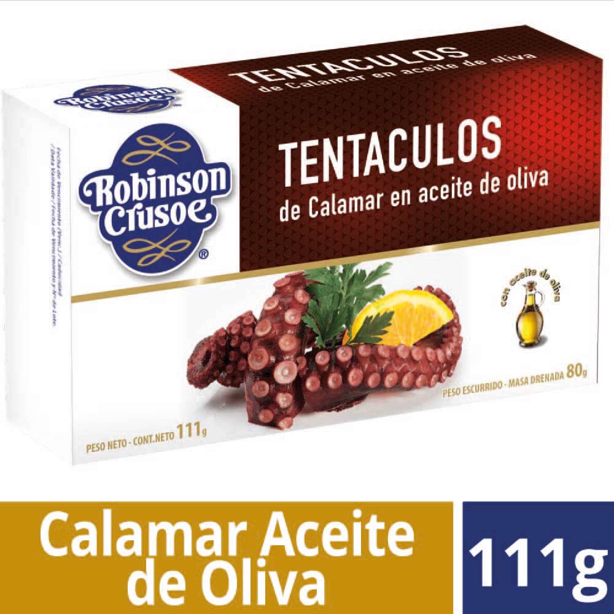 Tentáculos De Calamar Aceite De Oliva Lata Drenado 80 g - Neto 110 g Robinson Crusoe