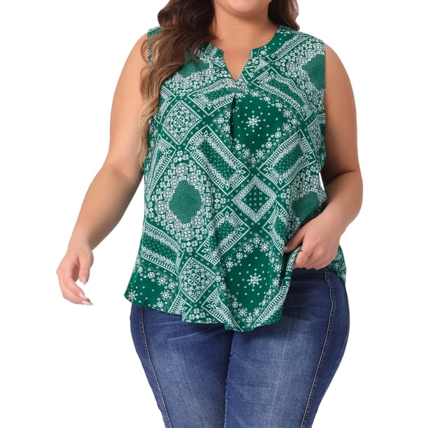 Top de talla grande para mujer sin mangas con estampado floral, blusa de tirantes con cuello en V, camisetas 4X verde