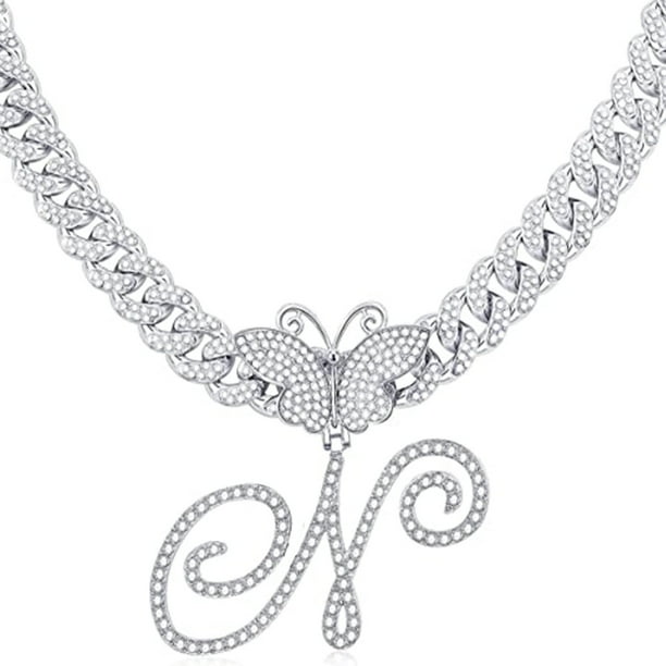 Stylish Hip Hop Cuban Butterfly Necklace with White Letter Initials