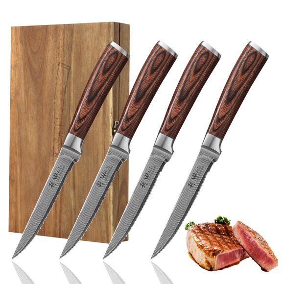 Juego de cuchillos para bistec Wakoli de 4 piezas, acero damasco VG10