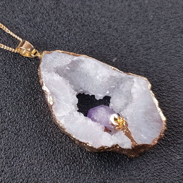 1pc Natural Crystal Hole Hollow Slice Pendant Inlaid With Amethyst Tooth Gilt Edge Electroplating Colorful Irregular Sweater Necklace