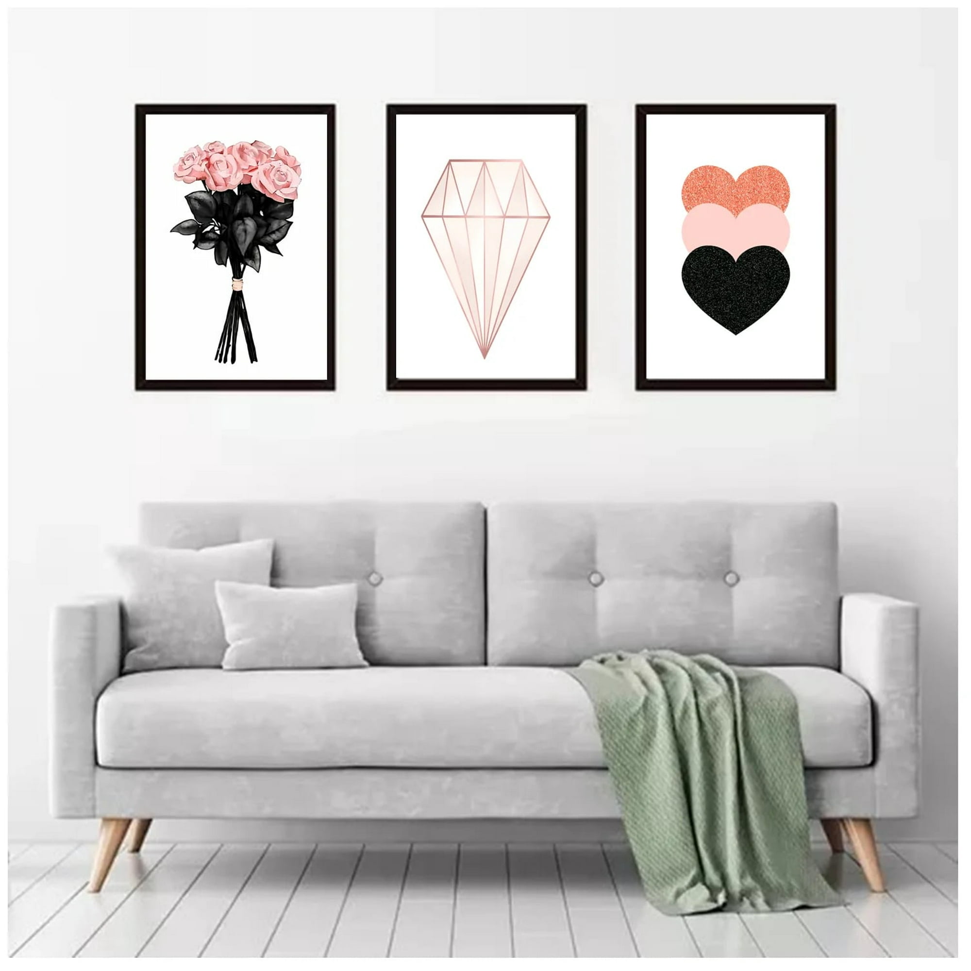 Genérico - Cuadros Decorativos Rosa Diamante Corazón Pack X 3 Uds 35x50 Cm C/u