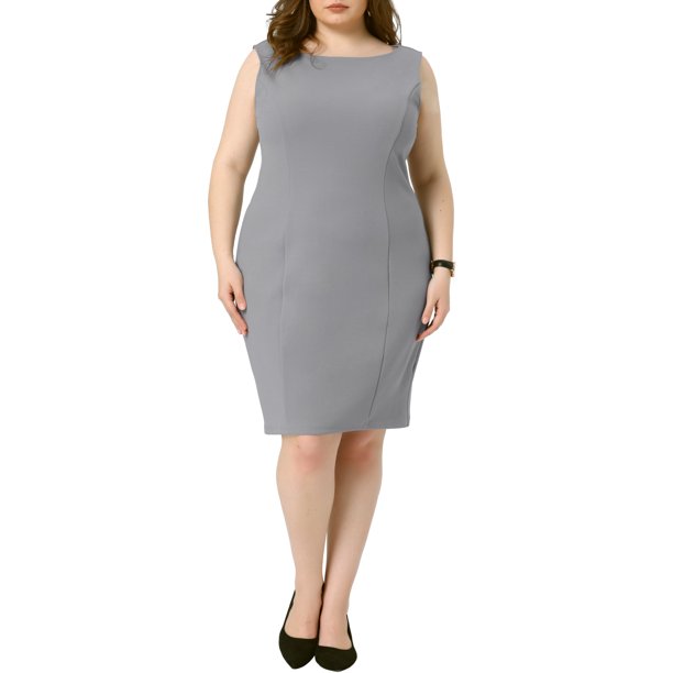 Agnes Orinda Vestido de Talla Grande para Mujer, Estilo Escolar Universitario, Sin Mangas, Cuello de Barco, Casual, Recto, Lápiz, para Trabajo, 2X Gris