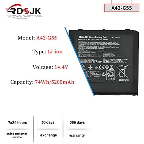 Batería A42-G55 para Laptop Asus G55 G55V G55VW G55VM-DH71 G55VM-DS71 G55VM-ES71 G55VM-RS71 G55VM-S1020V G55VW-DH71-CA G55XI361VW-BL G55XI363VW-BL 0B110-00080000 14.4V 74Wh RDSJ