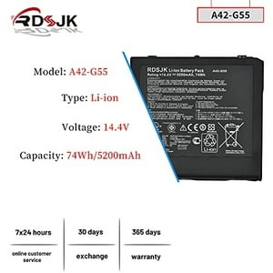 Batería A42-G55 Para Laptop Asus G55 G55V G55Vw G55Vm-Dh71 G55Vm-Ds71 G55Vm-Es71 G55Vm-Rs71 G55Vm-S1020V G55Vw-Dh71-Ca G55Xi361Vw-Bl G55Xi363Vw-Bl 0B110-00080000 14.4V 74Wh Rdsj