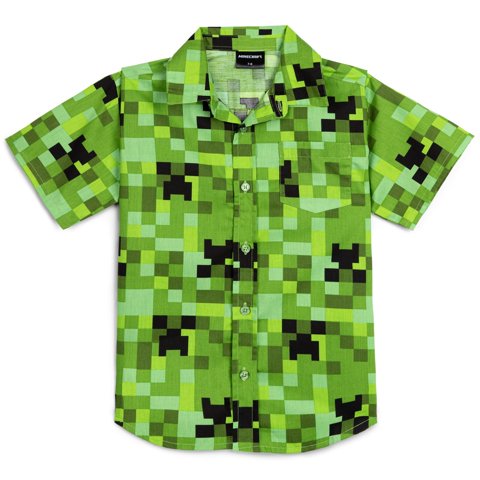 Camisa De Manga Corta Con Botones Para Niños Minecraft Creeper