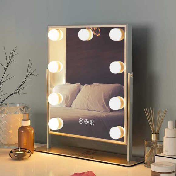 Espejo de tocador FENCHILIN iluminado para maquillaje con rotación de 360°, blanco