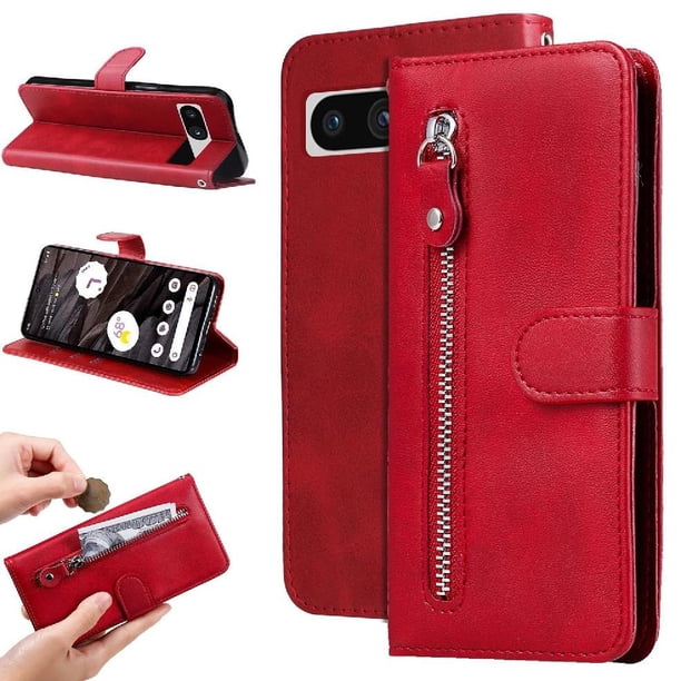 Funda tipo cartera para Google Pixel 7A con bolsillo con cremallera y ranuras para tarjetas – Función de soporte Rojo