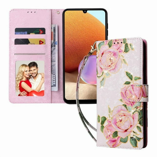 FOXDOCK Funda Tipo Cartera Floral para Samsung Galaxy A32 5G ,Funda con Tapa de Cuero PU, Protección Antigolpes con Ranuras para Tarjetas y Soporte