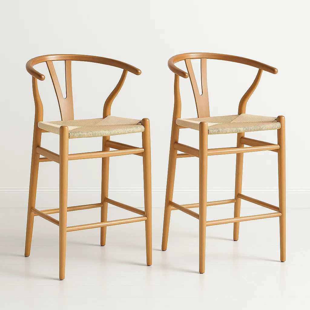 Klik Muebles - Pack De 2 Taburetes Wishbone Madera Y Hilo De Cuerda - Natural