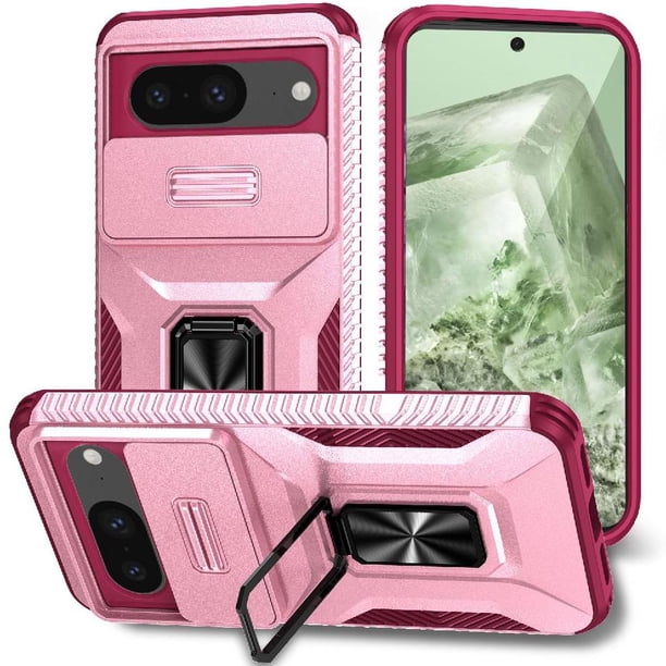 Funda Armada para Google Pixel 8 con Tapa Deslizante y Soporte Magnético Giratorio Rosa