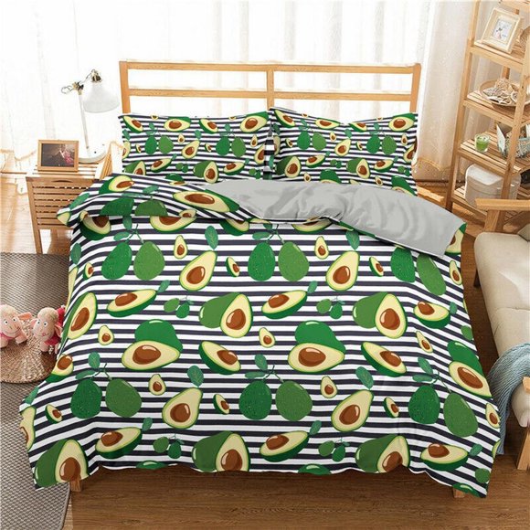Avocado Fruit Leaves Stripes Quilt Duvet Cover Set Soft Bedroom Decor3-Piece Bedding Set
