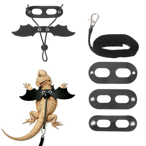 Arnés de Correa para Lagarto Dragón Barbudo Uxcell, Arnés de Correa de Lagarto con Alas de Dinosaurio Ajustable de Cuero Suave (S/M/L, 3 Piezas, Negro), para Lagarto Dragón Barbudo Reptil Ardilla Rata
