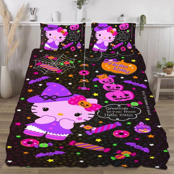 Halloween Hello_Kitty_ Quilt Set FullSoft Lightweight Quilts Quilted Bedspreads3 Pieces Set Queen SizeColorful Cartoon Print All Season 173*218CM