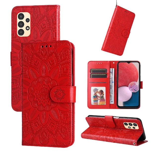 Funda tipo cartera FOXDOCK para Samsung Galaxy A13 4G , diseño girasol en relieve, cuero PU, cierre magnético, soporte y tarjetero