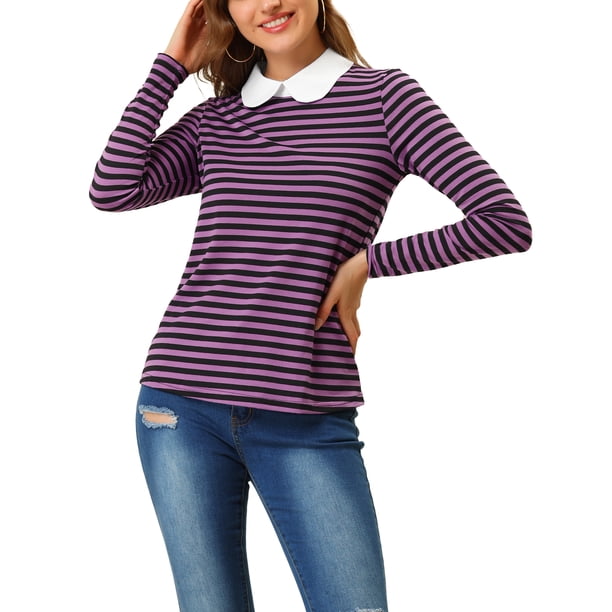 INSPIRE CHIC Blusa Casual de Manga Larga con Cuello de Muñeca a Rayas en Contraste para Mujer, Elástico en la Espalda, L Púrpura Negro