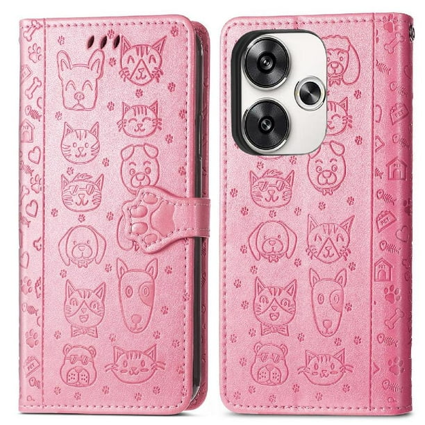 Funda Cartera FOXDOCK para Xiaomi Poco F6 5G , Flip PU con Relieve de Gatos y Perros, Tarjetero y Soporte