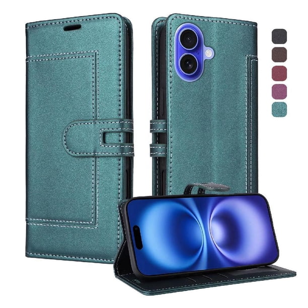 Premium Wallet Case for iPhone 16 with Card Slots & Kickstand, Flip Cover Green