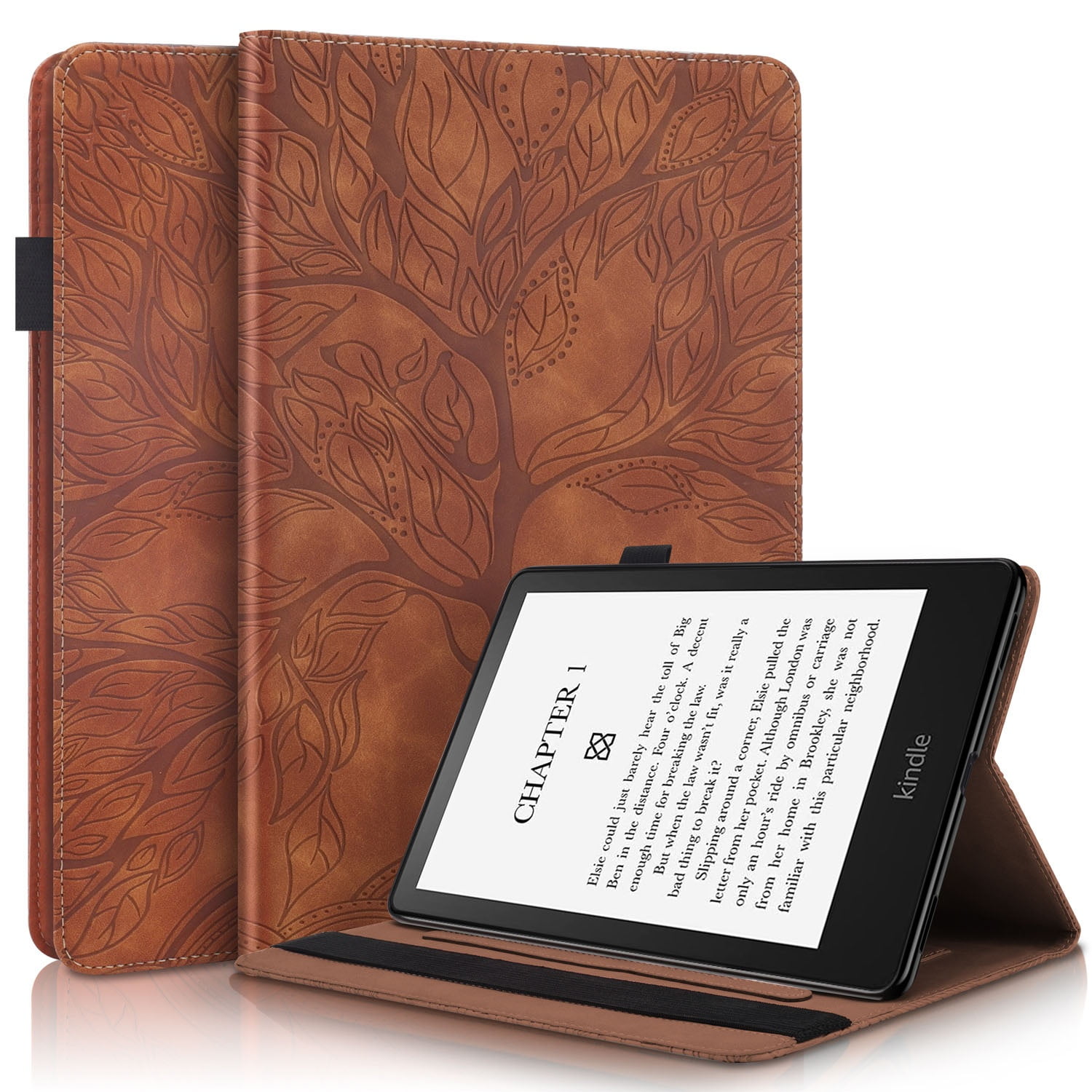 Foxdock - Funda Con Relieve Del Árbol De La Vida Para Tablet Paperwhite(2024) Con Soporte, Ranuras Para Tarjetas Y Soporte Para Lápiz Óptico. Marrón