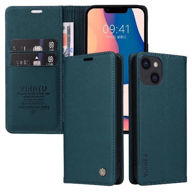 Funda Billetera de Cuero para iPhone 15 con Tarjetero y Soporte - Tapa Magnética Azul