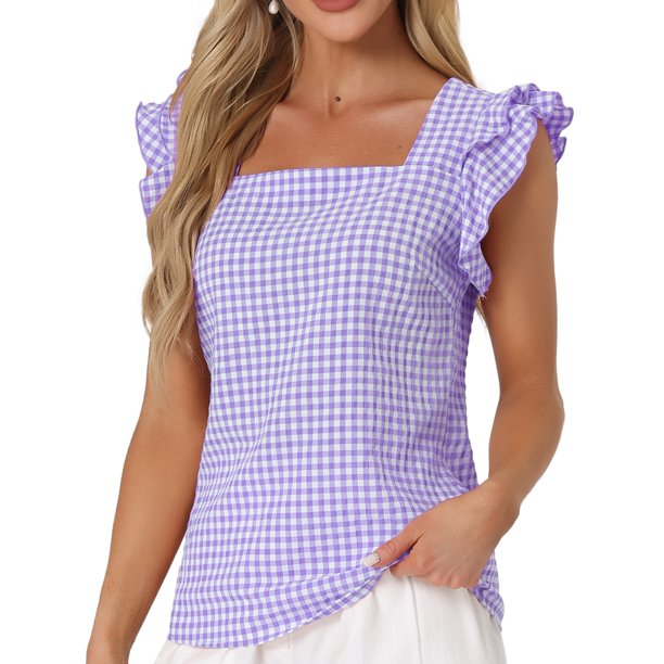 INSPIRE CHIC Blusas de Cuadros para Mujer de Regreso a Clases Cuello Cuadrado con Volantes Mangas Cortas de Verano Blusa Púrpura L