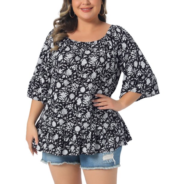 Agnes Orinda Blusa de Mujer Talla Grande para Pascua con Volantes en el Dobladillo, Cuello Redondo, Hombros Descubiertos, Manga Corta, Camiseta de Verano 2X Negra