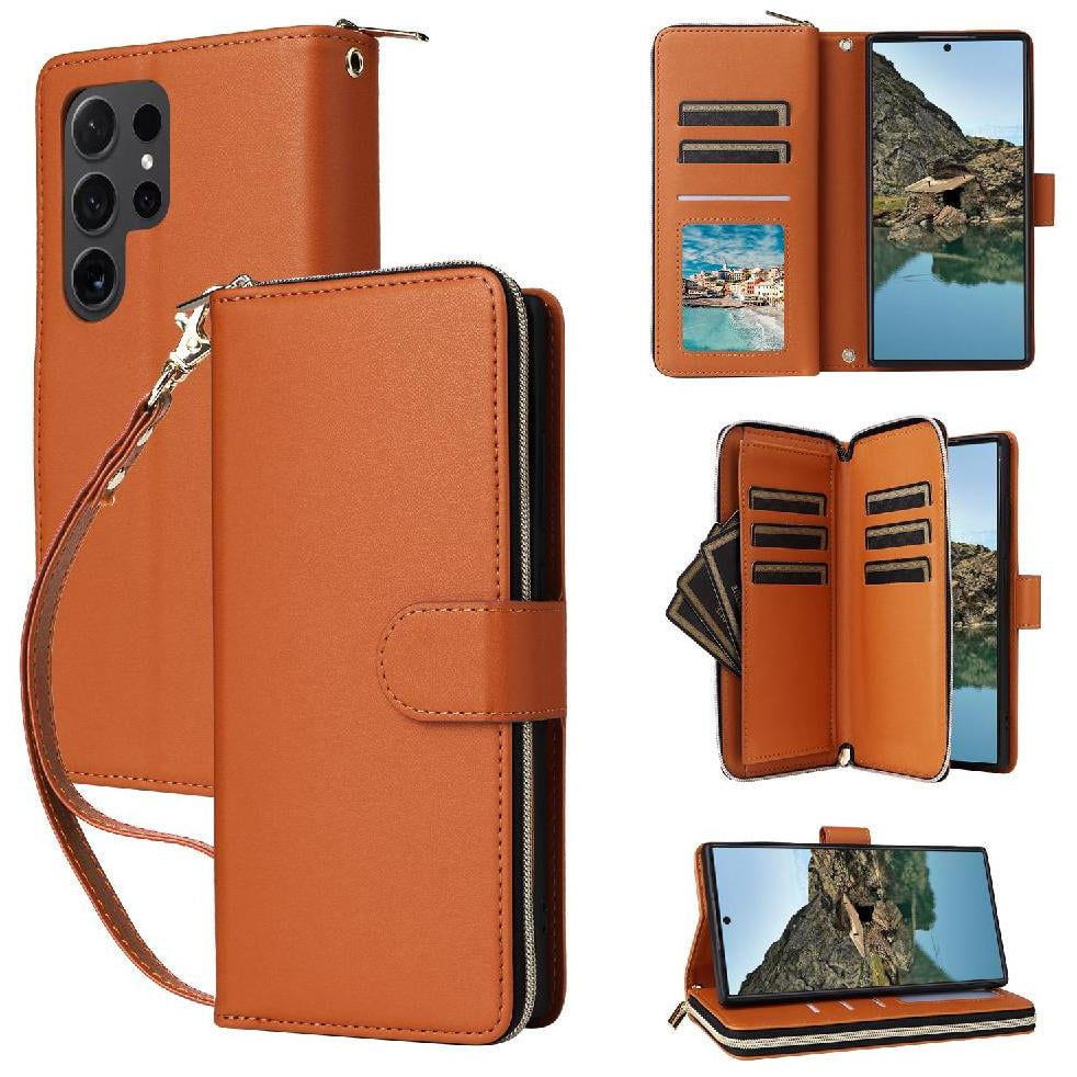 Foxdock - Funda Cartera Con Cremallera Y Correa Para Samsung Galaxy S24 Ultra Soporte Y Tarjetero Marrón
