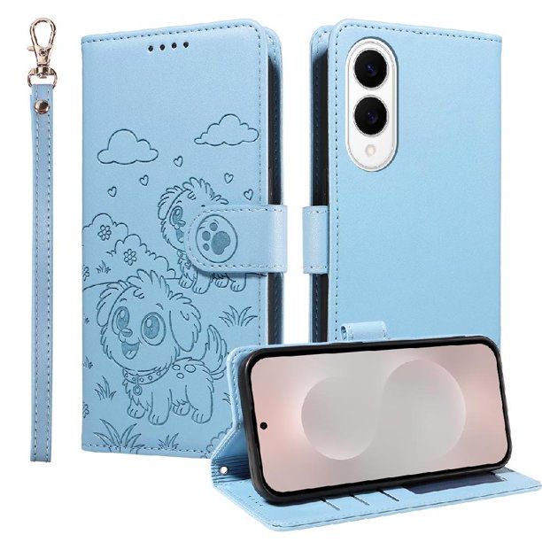 Funda Cartera para Samsung Galaxy S25 Edge Perro Cachorro Grabado con Tarjetas Soporte Correa Azul