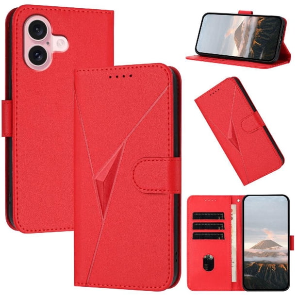 Funda Cartera Fibra de Carbono para iPhone 16 con Soporte y Cierre Magnético Rojo