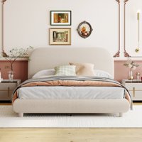 M&Ms - Teddy Fleece Full Size Upholstered Platform Bed With Thick Fabric, Solid Frame And Stylish Curve-Shaped Design, Beige