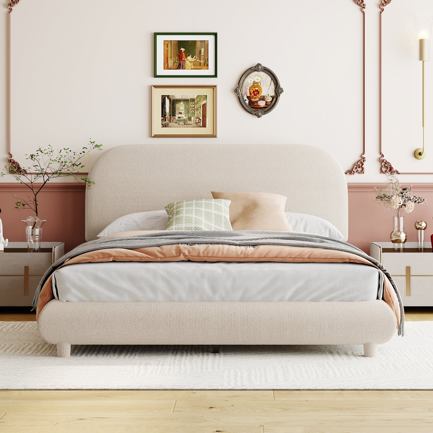 M&ms - Teddy Fleece Full Size Upholstered Platform Bed With Thick Fabric, Solid Frame And Stylish Curve-shaped Design, Beige