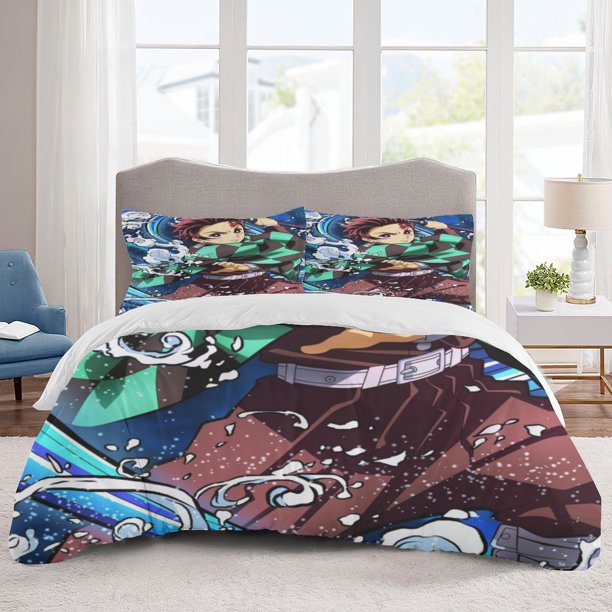 Demon Slayer Bedding Sets Cartoon Duvet Cover Lightweight 3 Piece Bet Sets for Kids Boys Girls
