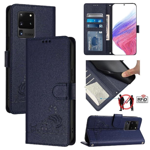 Funda tipo cartera FOXDOCK para Samsung Galaxy S20 Ultra con soporte, ranuras, RFID, diseño de gato