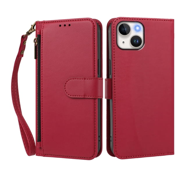Funda Tipo Billetera para iphone14 con Soporte y Bolsillo con Cierre Rojo