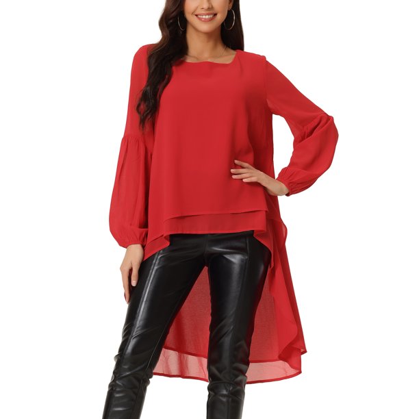 INSPIRE CHIC Blusas Asimétricas de Mujer con Mangas Largas de Linterna y Cuello Redondo, Elegantes y Casuales de Chifón, Talla M, Rojo