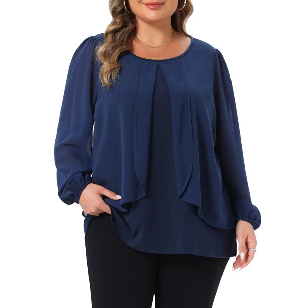 Agnes Orinda Blusa Elegante de Mujer Talla Grande de Chifón con Paneles en Capas, Cuello Redondo, Mangas Largas, 3X Azul Oscuro