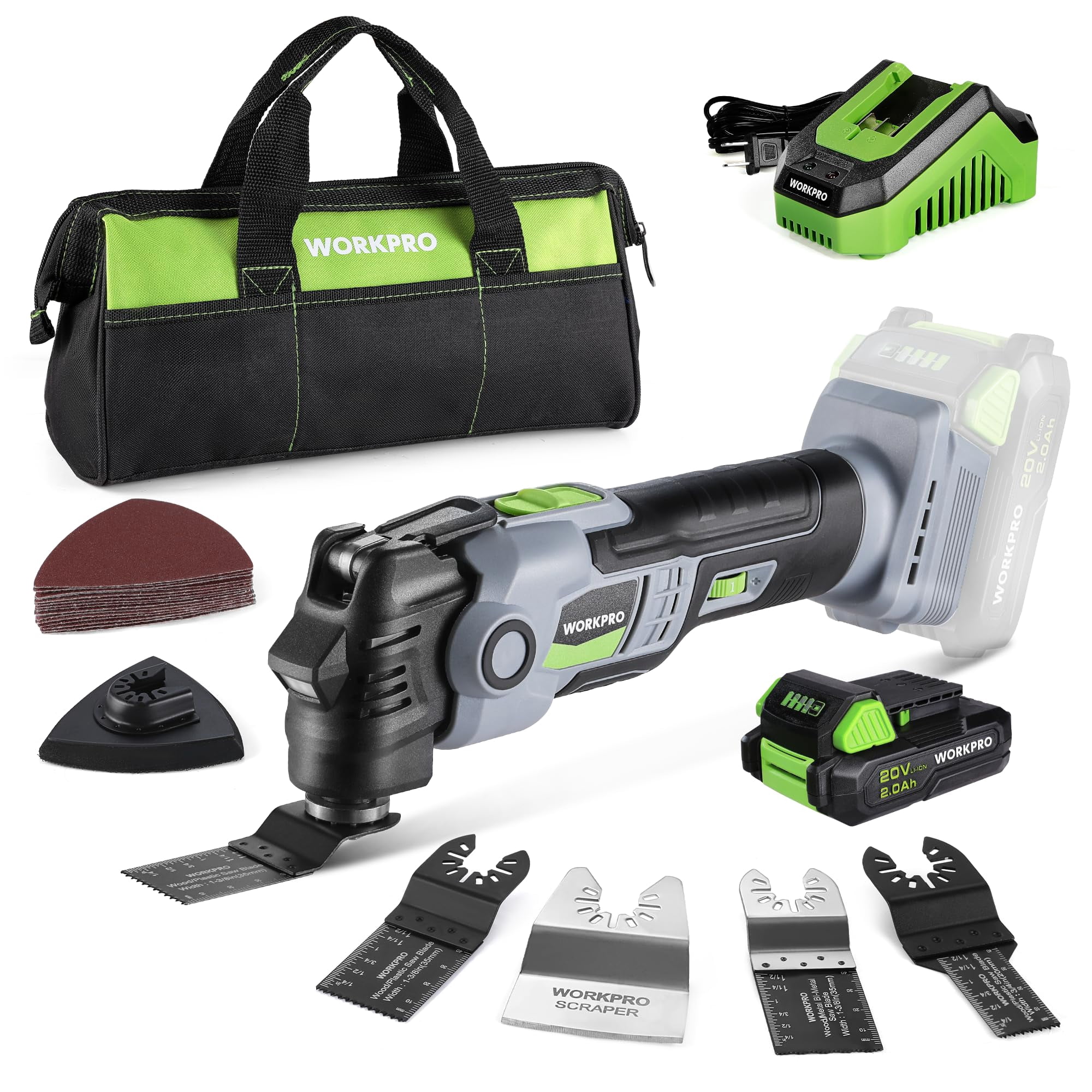Herramienta Oscilante Workpro 20 V Inalámbrica Sin Escobillas Con Accesorios