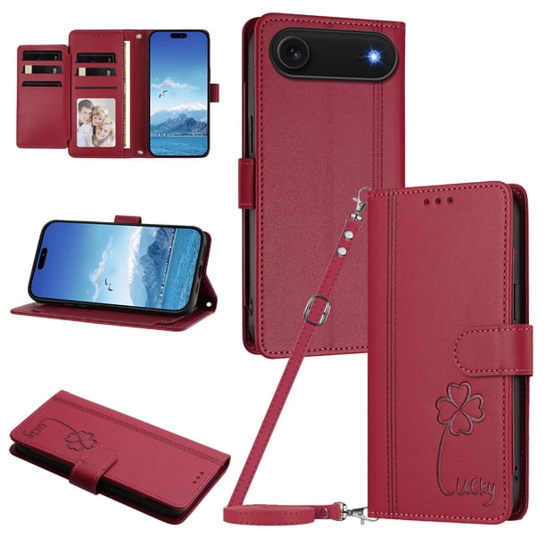Funda Cartera Trébol para iPhone Air con Ranuras Tarjetas y Carga Inalámbrica Rojo