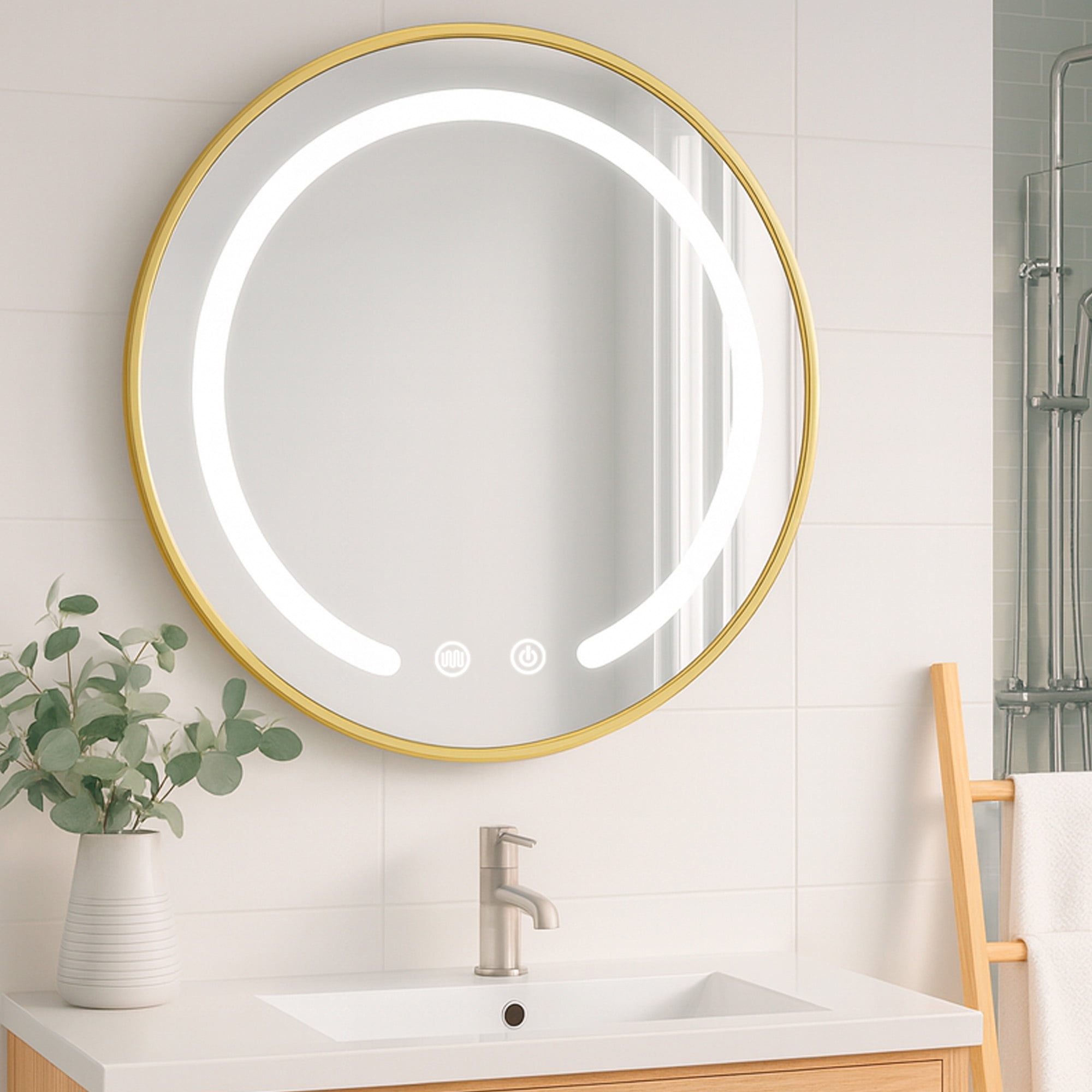 Joytek - Espejo Redondo Marco Dorado Touch Con Luz Led 3 Colores 80 Cm