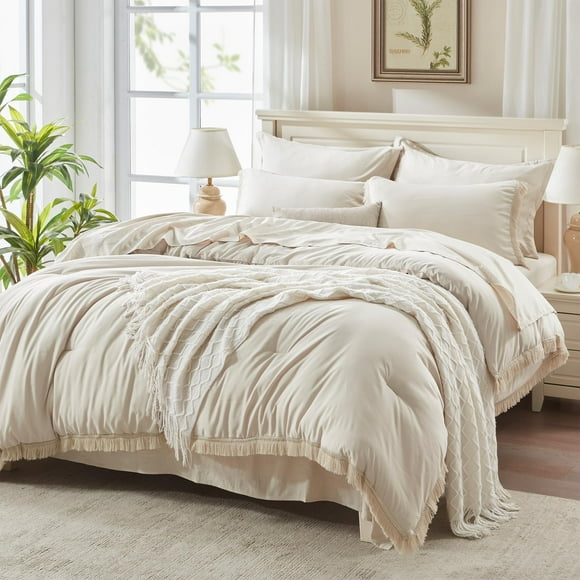 Juego de edredón Andency Beige King Size con sábanas, 7 piezas