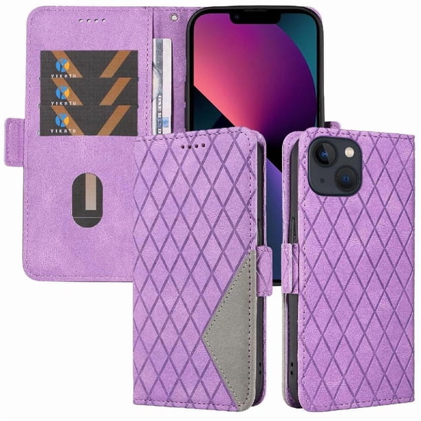 Funda Cartera para iPhone 14 con Tarjetero Soporte y Correa Morado