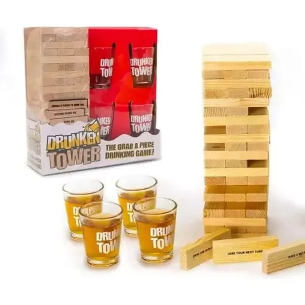 Leon Import - Juego Jenga Trago Drunken Tower + 4 Vasos Shots Mesa