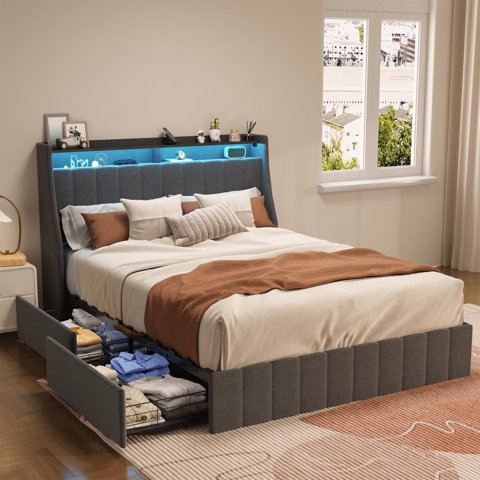 M&Ms - Full Size Bed Frame With Led, 4 Under-Bed Portable Storage Drawers, Wings Headboard Design, Dark Grey