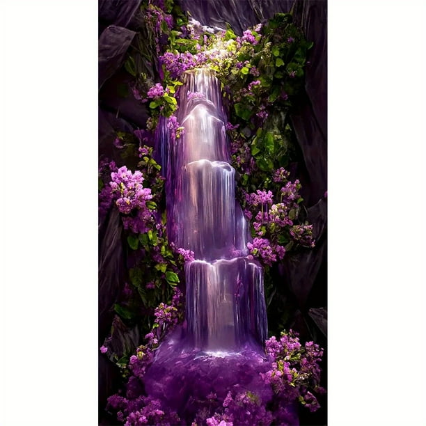 5D DIY Large Artificial Diamond Painting Kits For Adutls Kids, 15.7x27.5inch/40x70cm Purple Fluid And Flowers Round Full Artificial Diamond Art Kits Picture By Number Kits For Home Wall Decor Gifts C